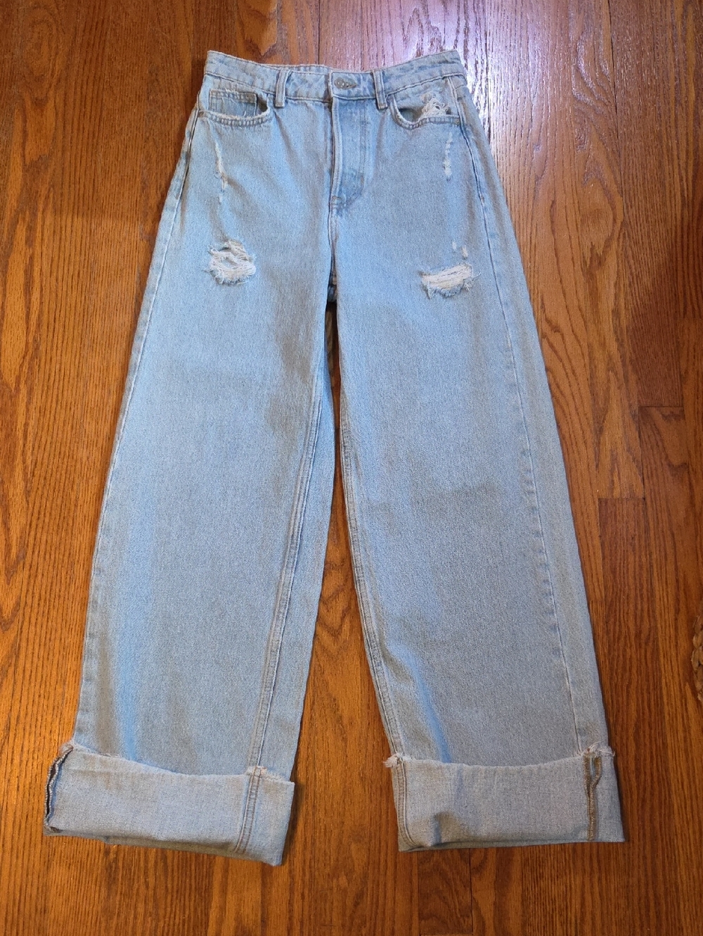 Zara Light Blue Wide-Leg Distressed Jeans